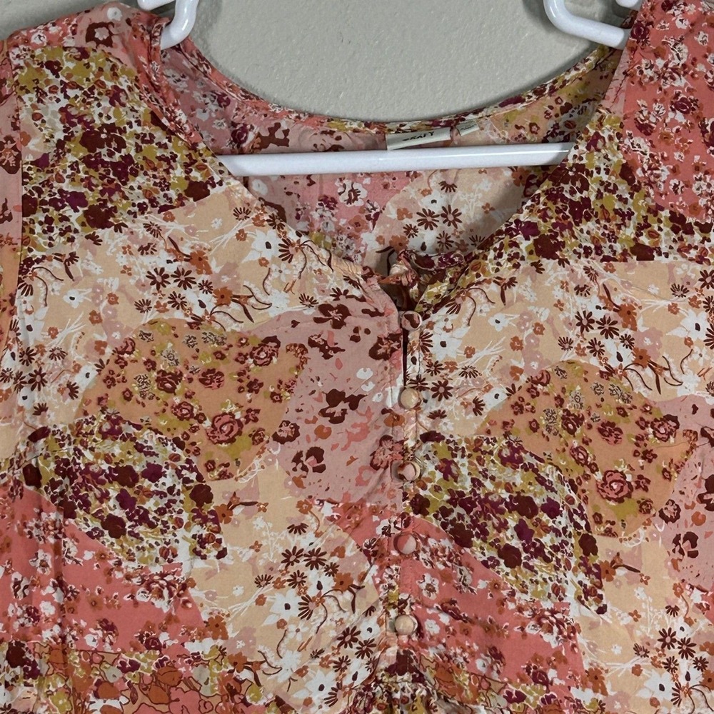 True Craft Womens 1X Pink Floral Patchwork Babydoll Tiered Button Top Blouse
